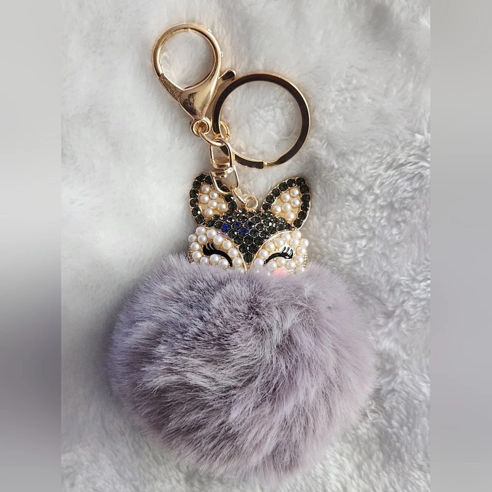 Fox Elegant Gold and Gray Pom Pom Keychain Bag Charm